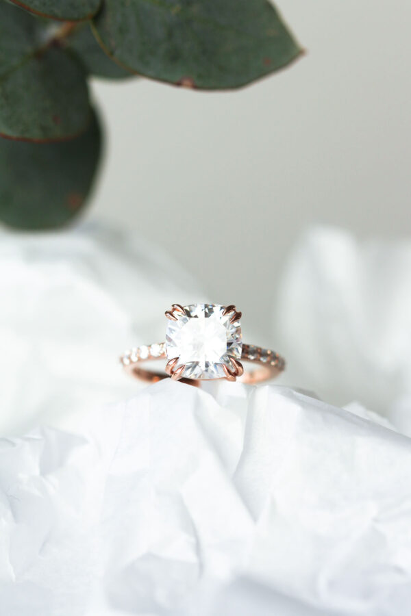 Double Claw Cushion Pavé Engagement Ring Rose Gold