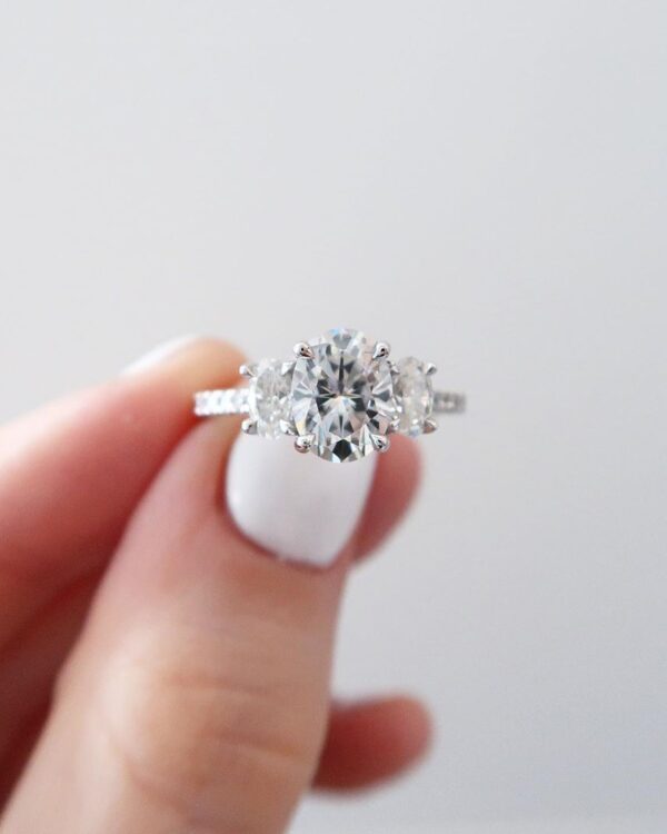 Pavé Oval Moissanite Trilogy Engagement Ring