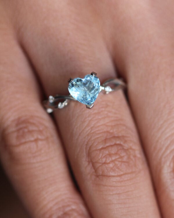 Aquamarine Twig Heart Solitaire Engagement Ring