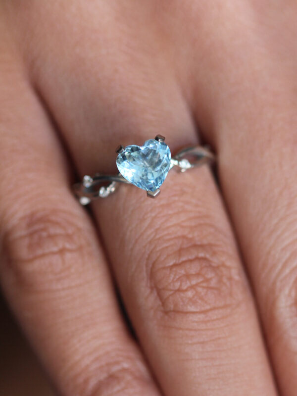Aquamarine Twig Heart Solitaire Engagement Ring