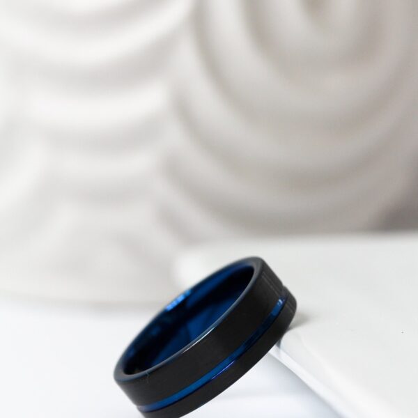 Black Blue Brushed Tungsten Ring