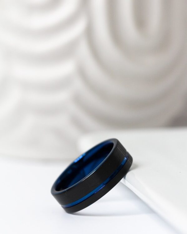 Black Blue Brushed Tungsten Ring