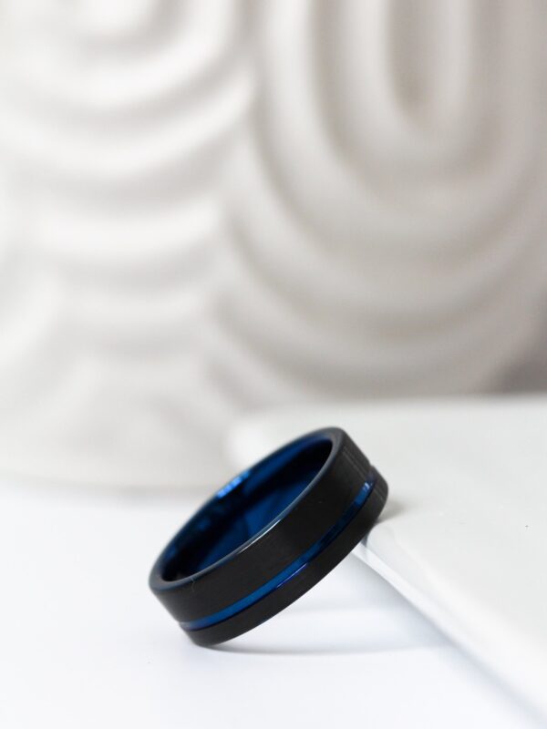 Black Blue Brushed Tungsten Ring