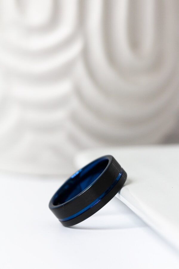 Black Blue Brushed Tungsten Ring