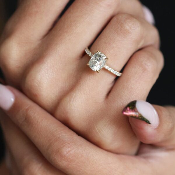Elongated Cushion Hidden Halo Pavé Moissanite Engagement Ring