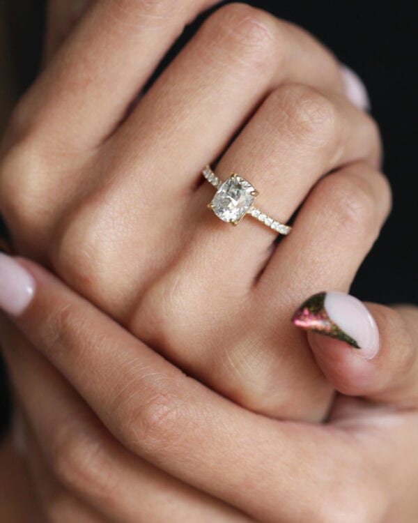 Elongated Cushion Hidden Halo Pavé Moissanite Engagement Ring