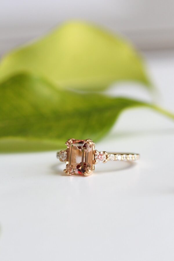 Moissanite Emerald Pavé Trilogy Engagement Ring Yellow Gold
