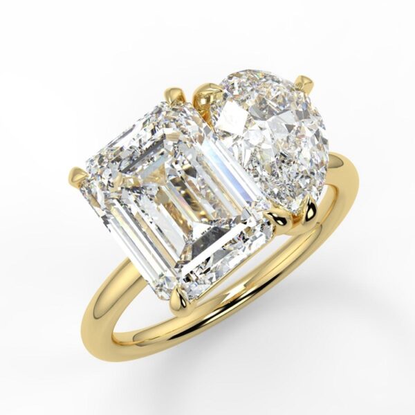 Toi et Moi Emerald And Pear Moissanite Engagement Ring Yellow Gold