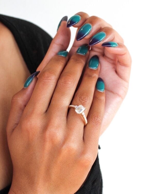 Moissanite Emerald Pavé Trilogy Engagement Ring