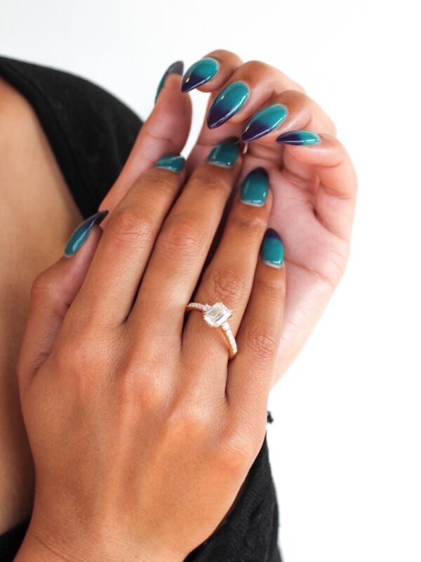 Moissanite Emerald Pavé Trilogy Engagement Ring