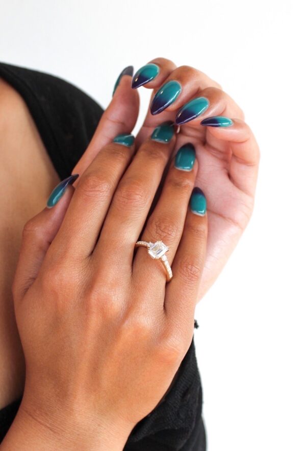 Moissanite Emerald Pavé Trilogy Engagement Ring