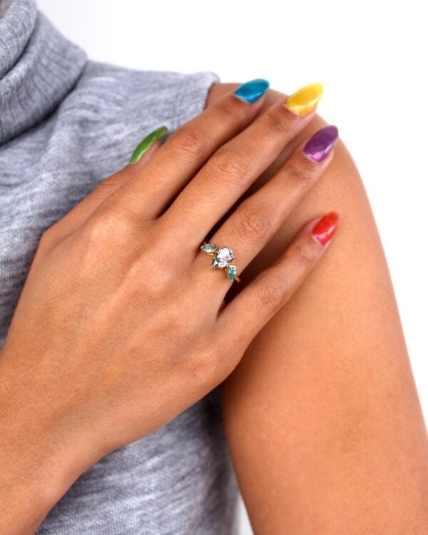 Grey And Blue Pear Moissanite Trilogy Engagement Ring