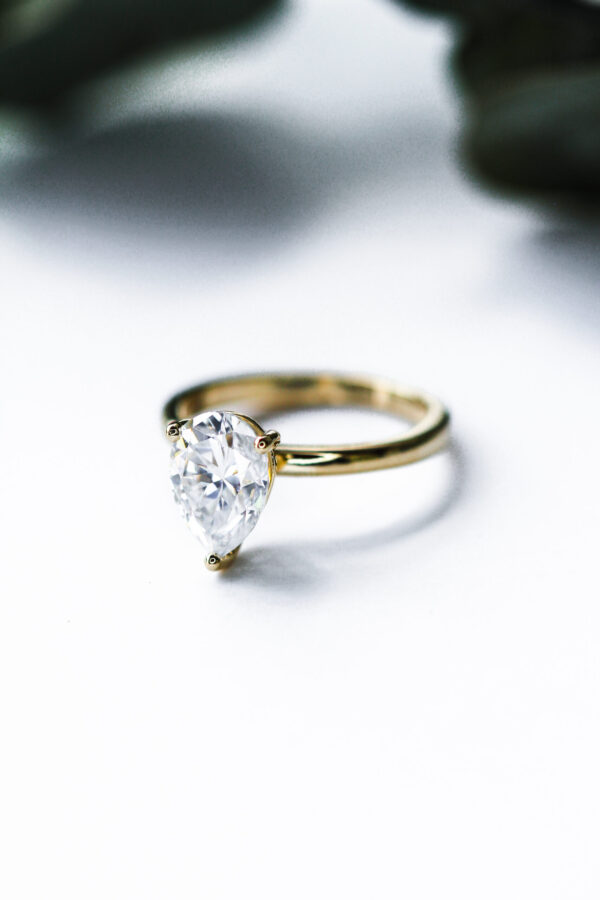 3 Claw Pear Moissanite Solitaire Engagement Ring Yellow Gold