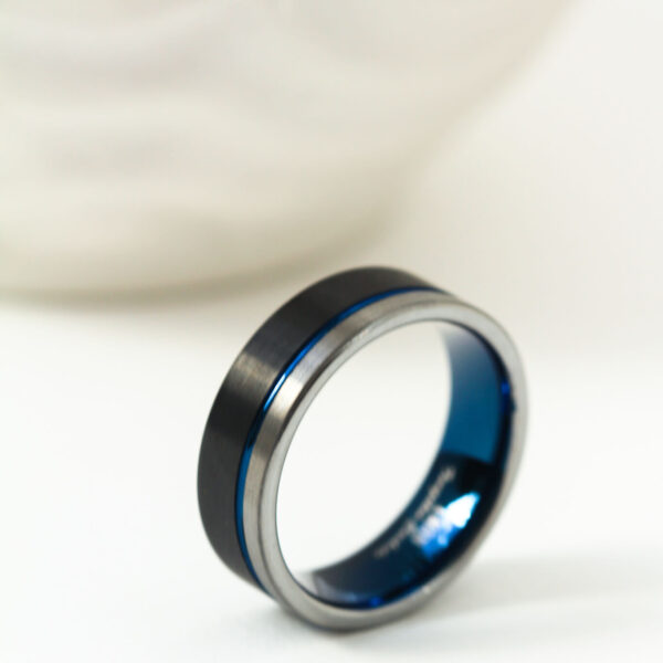 Black and Blue Grooved Tungsten Ring