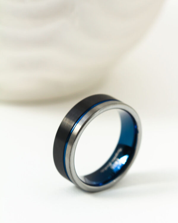 Black and Blue Grooved Tungsten Ring