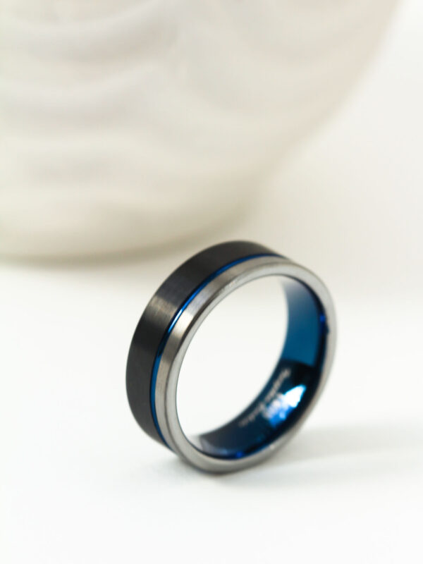 Black and Blue Grooved Tungsten Ring