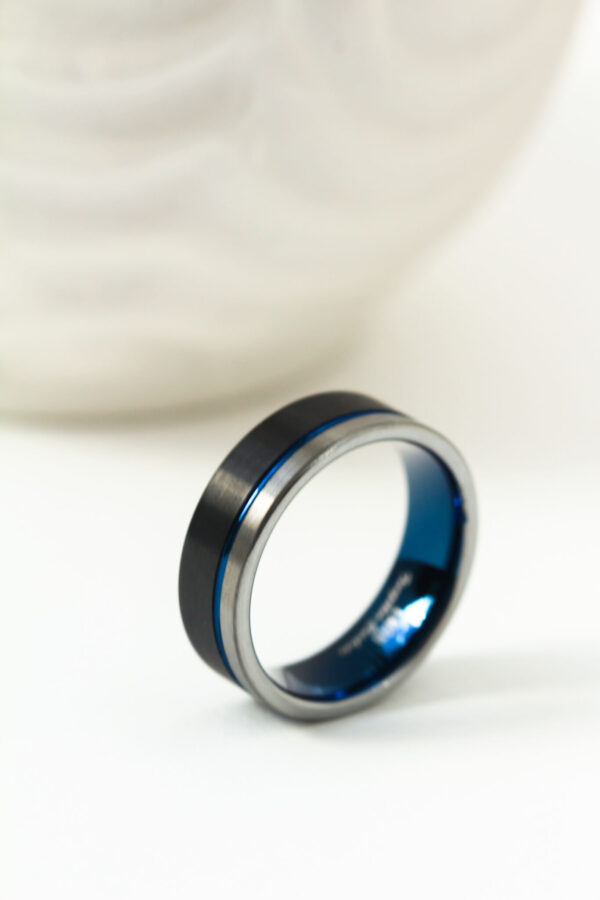 Black and Blue Grooved Tungsten Ring