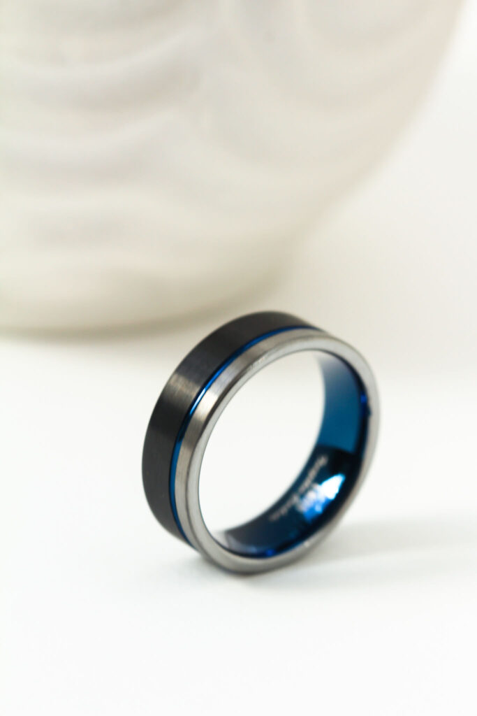 Black and Blue Grooved Tungsten Ring - 8mm