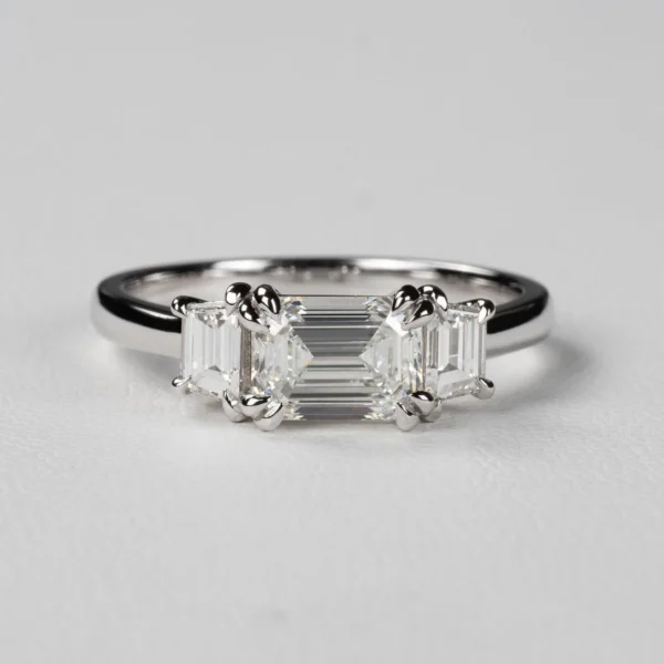 3 Stone Emerald Cut Moissanite Engagement Ring - Image 2