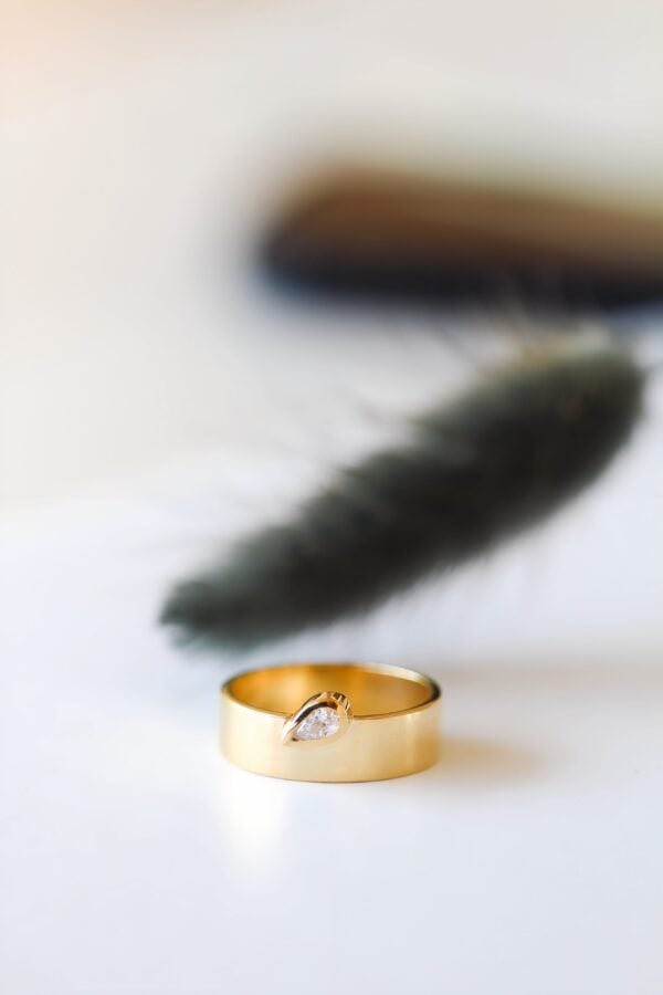 Gold Broad Bar Bezel Pear Ring