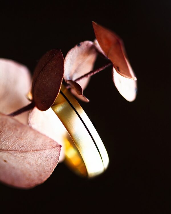 Gold Satin Finish Mens Wedding Ring With Black Inlay