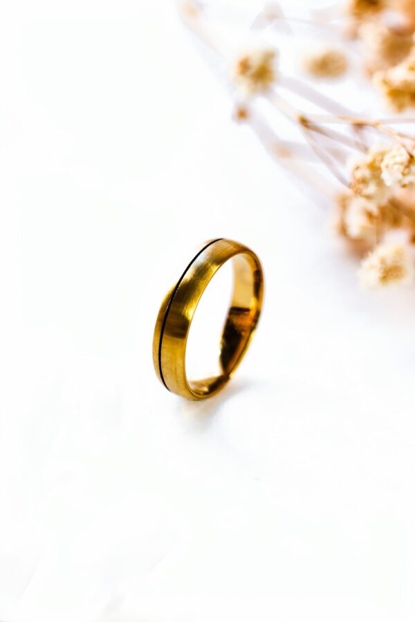 Gold Satin Mens Wedding Ring With Black Inlay