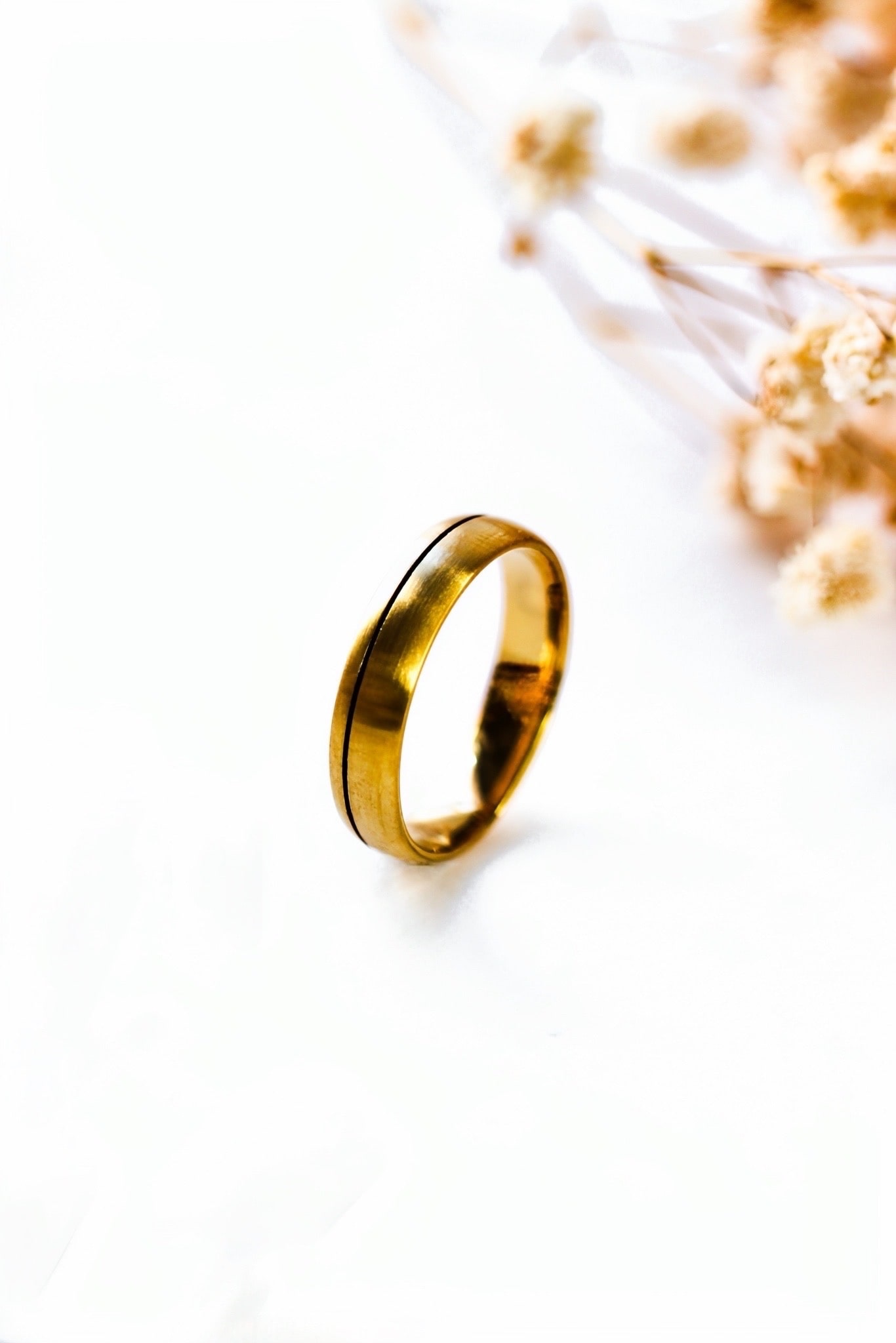 Gold Satin Mens Wedding Ring With Black Inlay