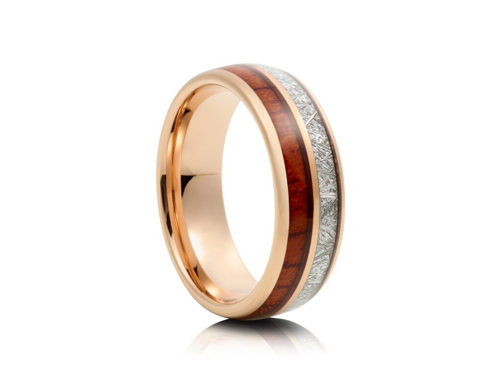 8mm Meteorite And Wood Inlay Tungsten Ring