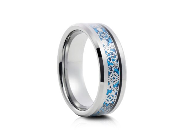 Mens Blue Gear Inlay Tungsten Ring