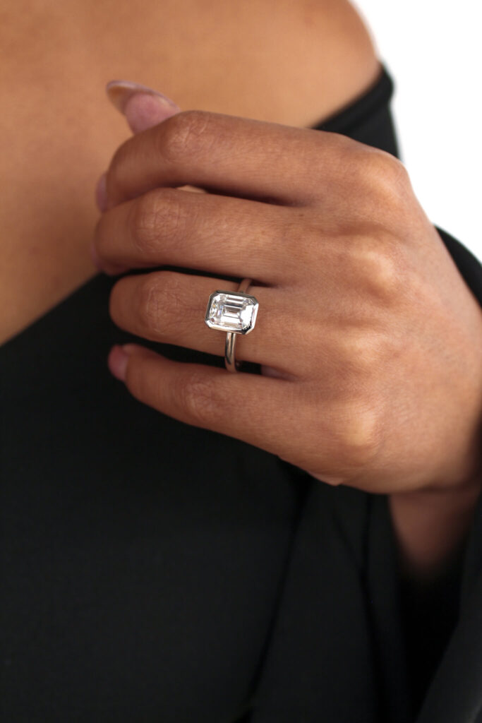 3ct Bezel Set Emerald Cut Lab Diamond Engagement Ring