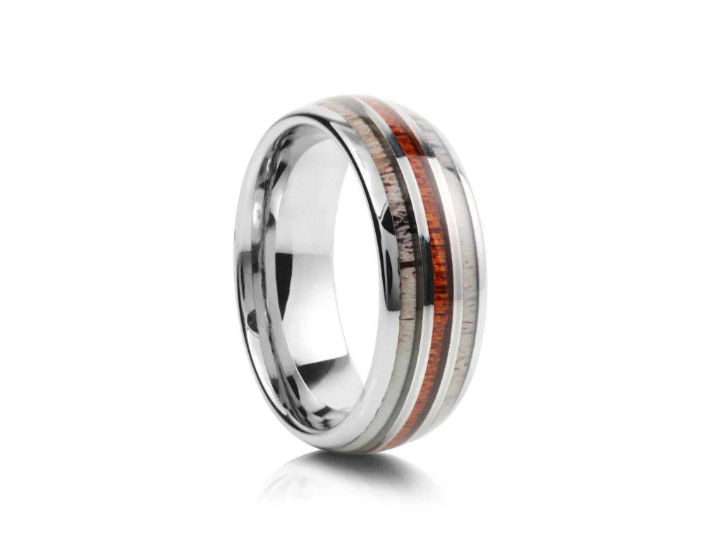 8mm Whiskey Barrel Wood and Antler Tungsten Wedding Ring