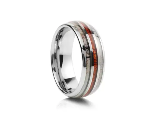 Whiskey Barrel Wood and Antler Tungsten Wedding Ring