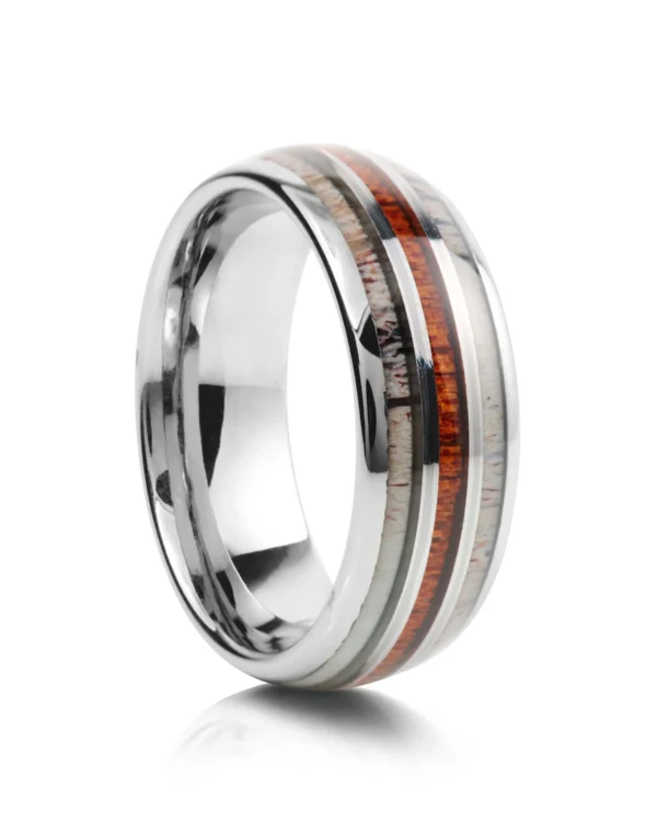 Whiskey Barrel Wood and Antler Tungsten Wedding Ring