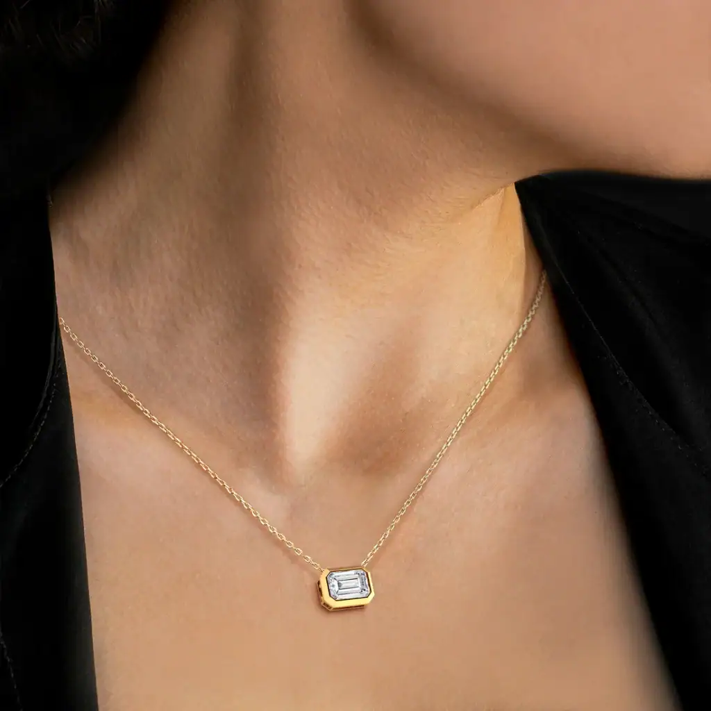 2ct Emerald Cut Bezel Pendant Necklace in 9ct Gold Moissanite or Lab Diamond