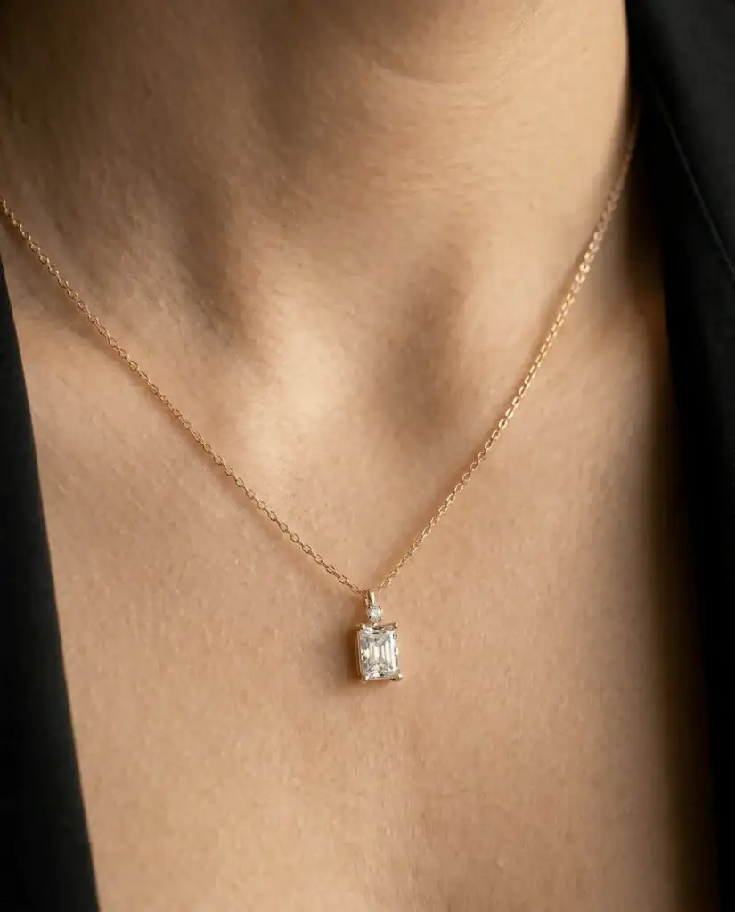 2ct Emerald Cut Pendant Necklace in 9ct Gold Moissanite or Lab Diamond