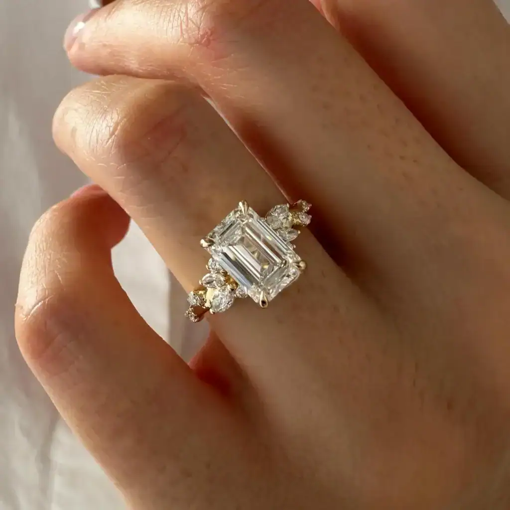 3ct Emerald and Marquise Cluster Engagement Ring - Moissanite Or Lab Diamond