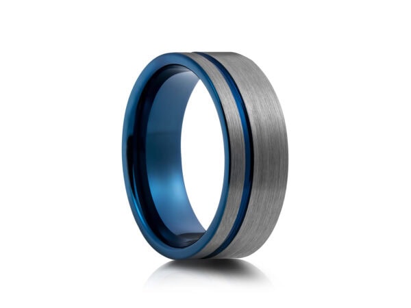 Two-Toned Blue And Grey Grooved Tungsten Ring