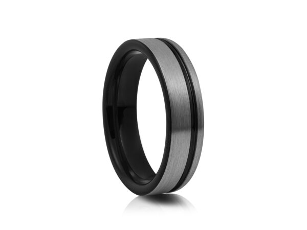 Two-Toned Black And Grey Grooved Tungsten Ring