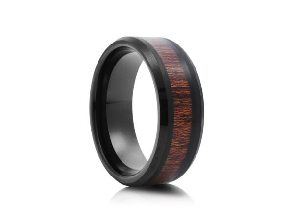 Black Bevelled Edge Tungsten ring With Cherry Wood Inlay