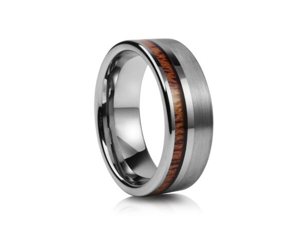 Silver Brushed Tungsten With Cherry Wood Inlay Ring