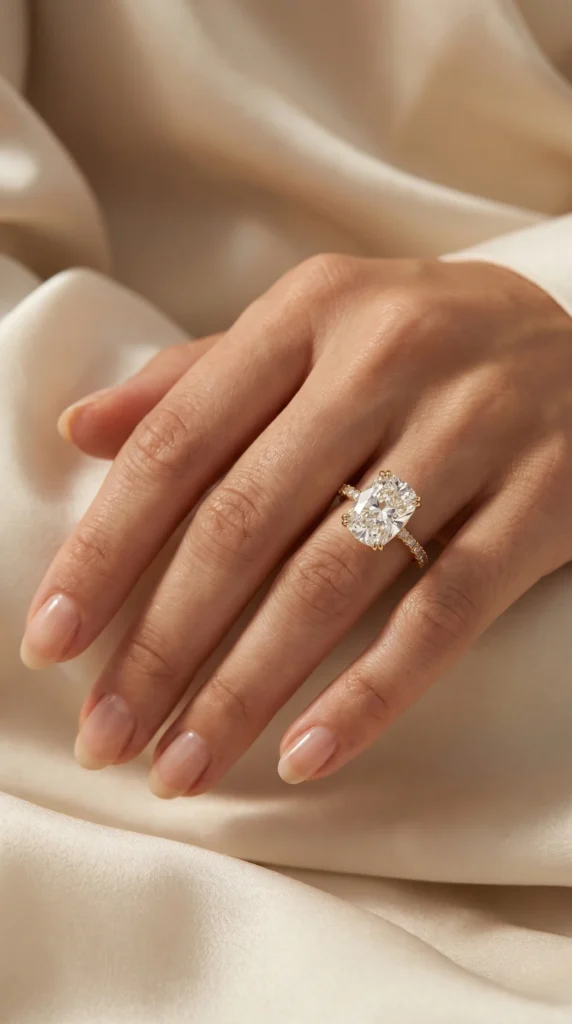Elongated Cushion Cut Side Stone Engagement Ring | Moissanite or Lab Diamond