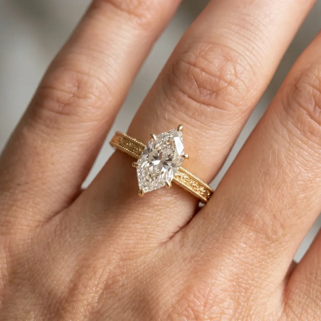 Engraved Band Marquise Engagement Ring | Moissanite or Lab Diamond