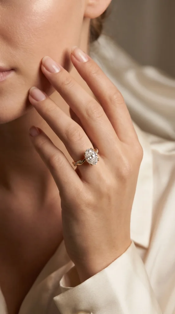 Oval Double Claw Twist Band Engagement Ring